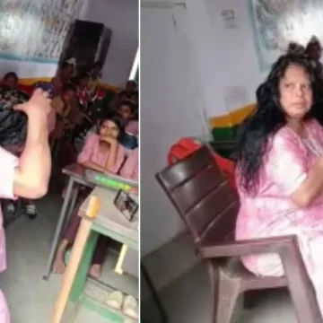A video captures a teacher in UP applying hair oil in classroom while students observe