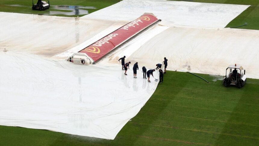 Rain interrupts the match on the fifth day, with India needing seven wickets to beat England